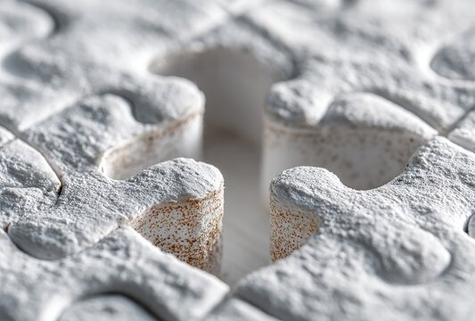 Close-up of a white jigsaw puzzle with a missing piece