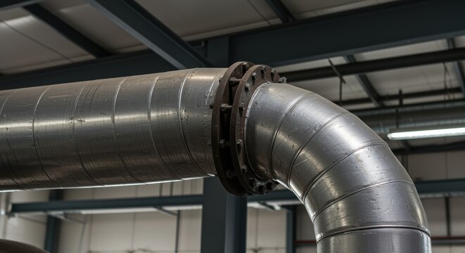 Industrial ventilation duct with elbow pipe and steel structure indoors