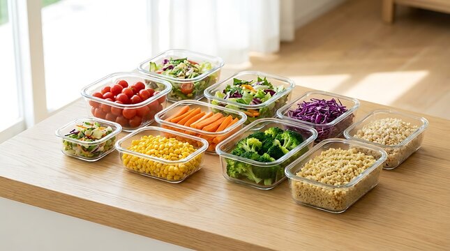 Glass containers with fresh vegetables and food for meal prep on a wooden kitchen table. rainbow meal setup