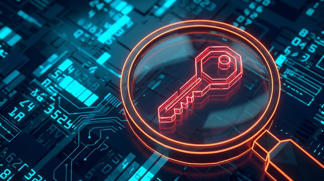 Glowing red key icon under magnifying glass on abstract digital circuit board with blue data streams, concept for data security, encryption and digital access control