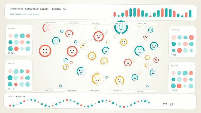 Dynamic data visualization of a sentiment meter changing across multiple panels showing various emotional emojis and analytical charts tracking social user interaction metrics in soft colors