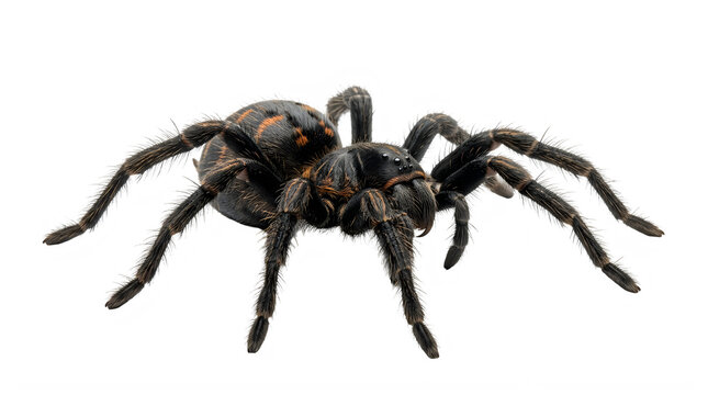 Black tarantula spider macro set, hairy invertebrate isolated on white, nature photography, macro eight legs, scary creepy arachnid animal, life science photo Halloween elelments