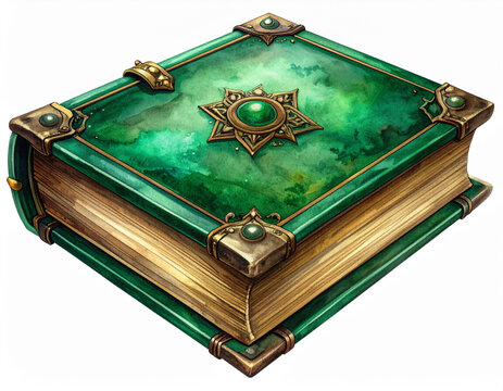 ファンタジー風の緑色の魔法書・魔導書のイラスト/Fantasy green magic book grimoire watercolor illustration