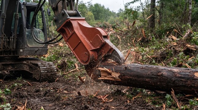 Industrial Excavator with Hydraulic Log Shear Cutting Wood in Forest Clearing, Timber Harvesting and Deforestation Concept