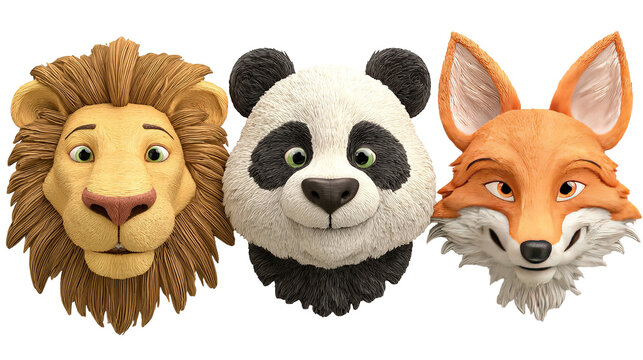 Cartoon Animal Heads Lion Panda Fox Set.
