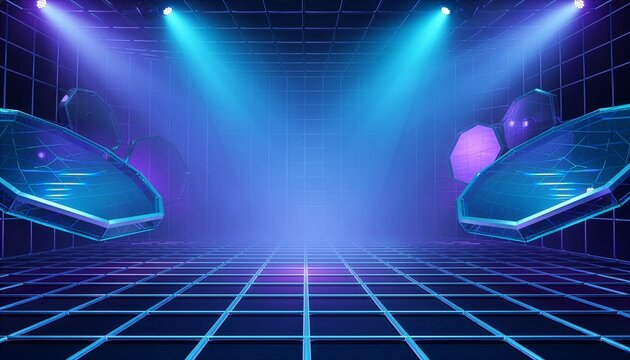 Futuristic virtual stage featuring a glowing neon grid, blue spotlights, and floating geometric screens. Perfect for scifi presentations, digital environments, or modern product showcases.