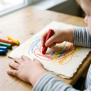 Child drawing with a red wax crayon on textured paper