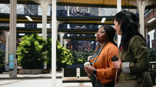 Happy friends share coffee and a relaxed conversation in a bus terminal; the joyful travelers enjoy refreshments together before continuing their vacation trip.