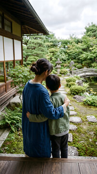 Mother and son embracing in a traditional Japanese garden