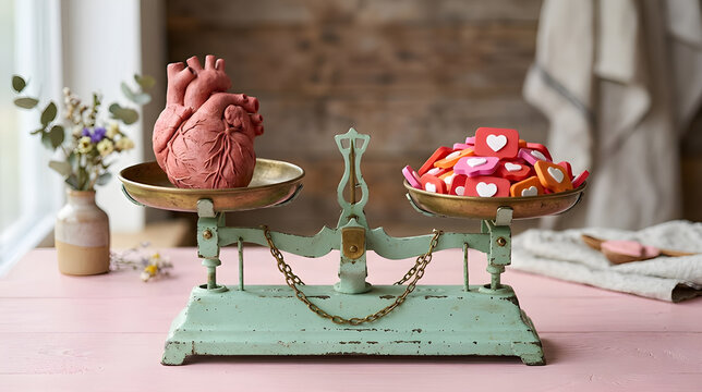 Satire on digital validation; a pastel balancing scale weighing a human heart against plastic "like" icons.