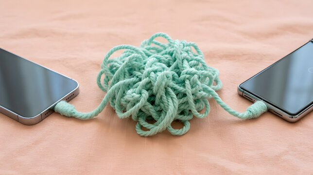 Complicated digital attachment; two smartphones connected by tangled pastel knitting yarn.