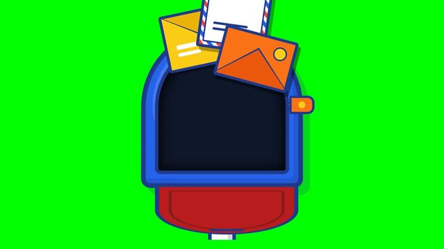 Red and blue mailbox opening with colorful letters on green screen background for chroma key compositing