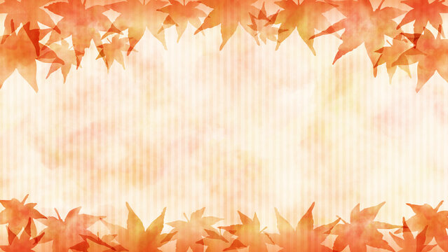 Autumn Watercolor Maple Leaf Frame Background with Soft Vertical Stripes 16:9