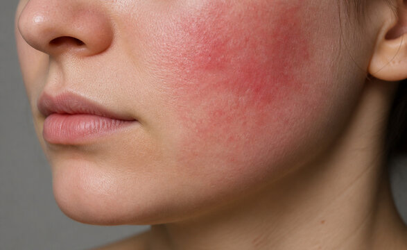 Close-up of young woman face with facial redness, rosacea rash, skin irritation, sensitive skin inflammation on cheek, representing skin allergy, Couperose, sensitive skincare problem, dermatology