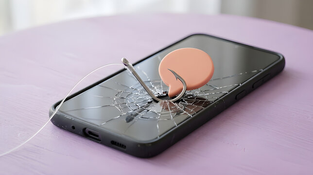 Clickbait trap; a fishing hook baited with a pastel message icon being pulled from inside a glass screen.