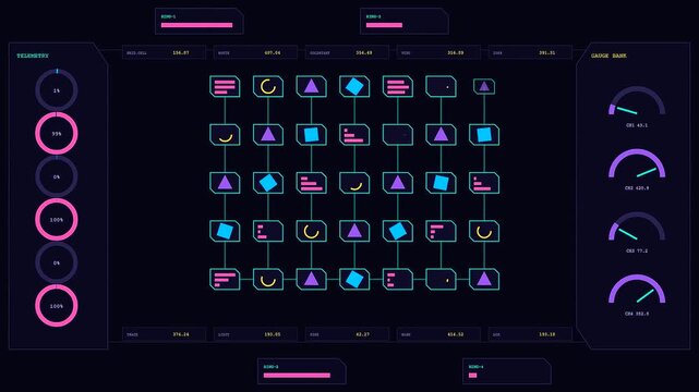 A serverless computing dashboard interface displaying animated geometric data structures with vibrant pink and blue digital gauges flickering across three dark screens in a modern system