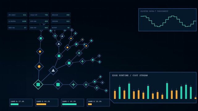 Digital displays showing serverless computing flow data streams with glowing nodes and bar graphs that animate across a dark blue grid during a complex processing task