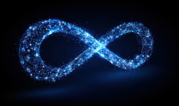 Glowing blue infinity symbol made of digital particles and network connections representing limitless data connectivity and eternal technology evolution with infinity particle technology