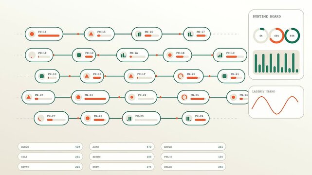 Serverless computing workflows displayed on a digital dashboard showing animated node connections with real time monitoring of data packets moving across a light beige screen interface