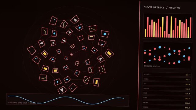 Serverless computing interface displays a digital network of geometric nodes and bar charts that fluctuate across several monitors within a dark room setting with cyan waveforms