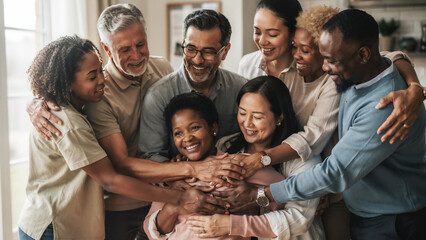 Fototapeta premium Diverse group of people hugging closely, showing unity and happiness, ideal for lifestyle blogs, family events and community promotions