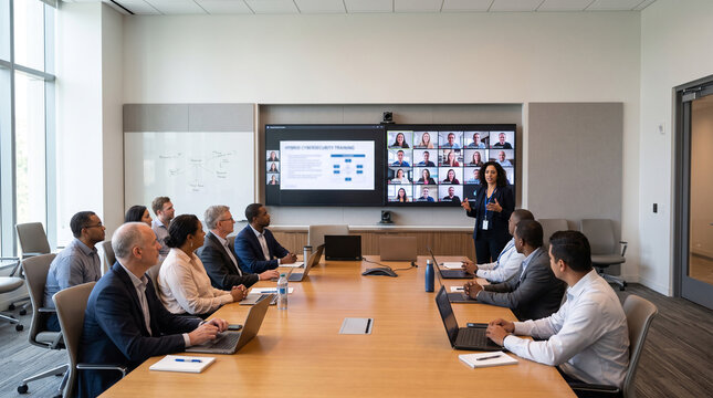 Diverse group in a modern boardroom participating in a hybrid video conference