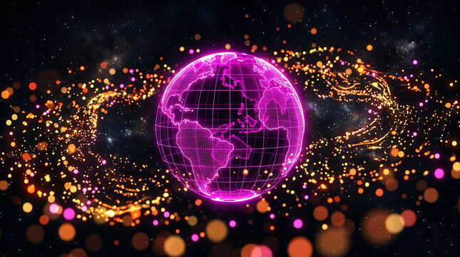 Digital Globe Floating in Deep Space with Glowing Golden Particles and Data Grid