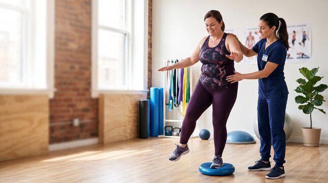 Physical therapist assisting a woman with balance exercises on a bosu ball