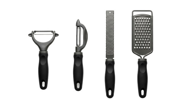 Collection of essential kitchen peeling and grating tools isolated on a transparent background.