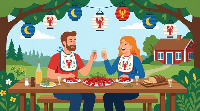 Couple enjoying traditional Swedish crayfish party outdoors in summer celebration
