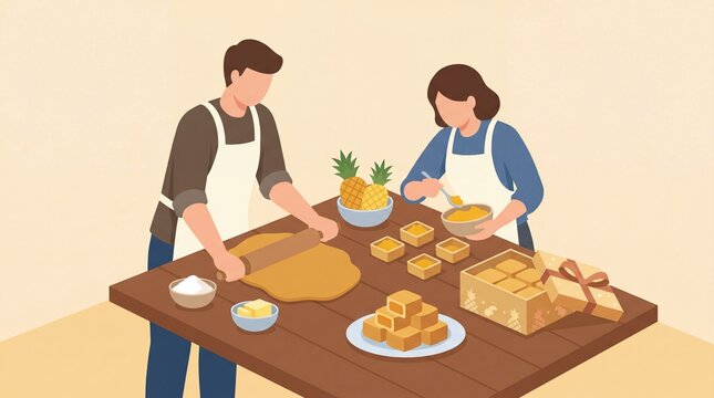 Couple preparing traditional pineapple cake in kitchen for festive celebration