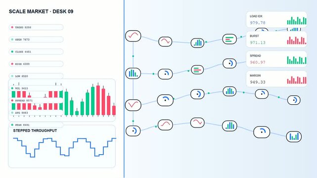 Digital serverless computing displays showing analytical growth trends and fluctuating market data points in a systematic flow across interconnected nodes on a light blue interface