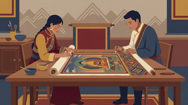 Couple painting traditional Tibetan thangka art in a cozy studio setting
