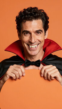 Adult man in vampire costume holding orange sign