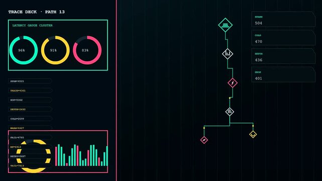 Modern serverless computing interface displaying digital data stream and analytics in a dark virtual environment with vibrant glowing circular charts and shifting network flow lines