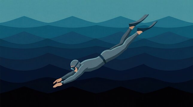 Man diving underwater in competitive freediving no fins discipline