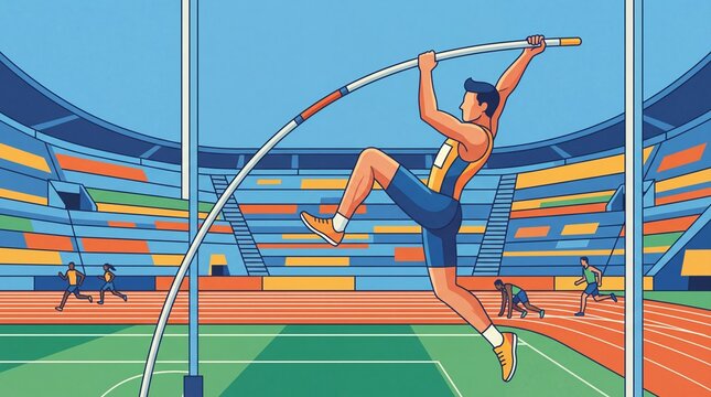 Athlete performing pole vault in stadium during competitive sports event