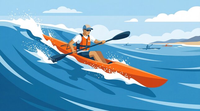 Man paddling kayak in ocean waves during competitive surf ski racing