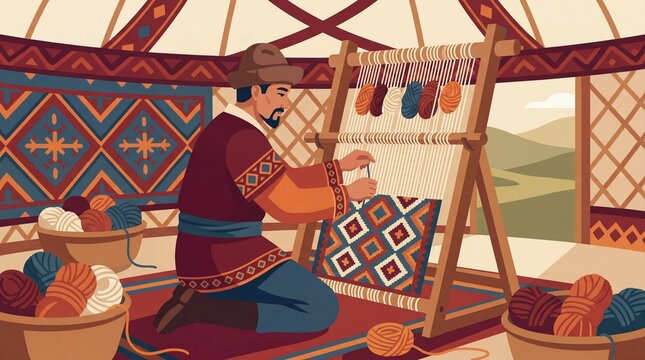 Man weaving traditional Azerbaijani kilim in a colorful textile workshop