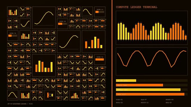 serverless computing dashboards display complex digital data flows through glowing amber bar graphs and wave patterns on a dark screen representing network monitoring system activity
