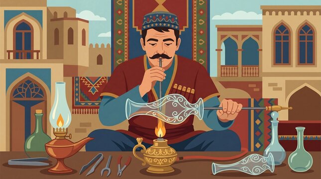 Man crafting traditional Azerbaijani glass lamp in artisan workshop
