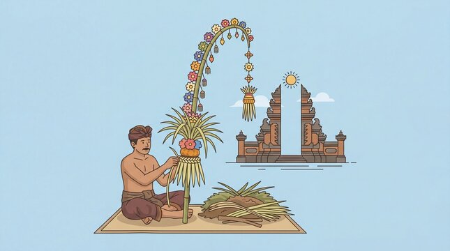 Man creating traditional Balinese offering in cultural setting with decorative elements