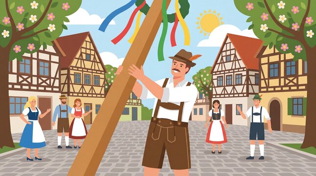 Man raising traditional maypole in Bavarian village celebration with onlookers