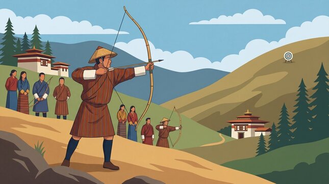 Man practicing traditional Bhutanese archery in scenic mountain landscape