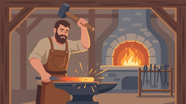 Blacksmith forging metal with hammer in traditional workshop for craftsmanship