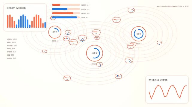 serverless computing visualization showing digital graphs and circular networks expanding across three distinct panels in a professional interface layout with light orange and blue color palettes