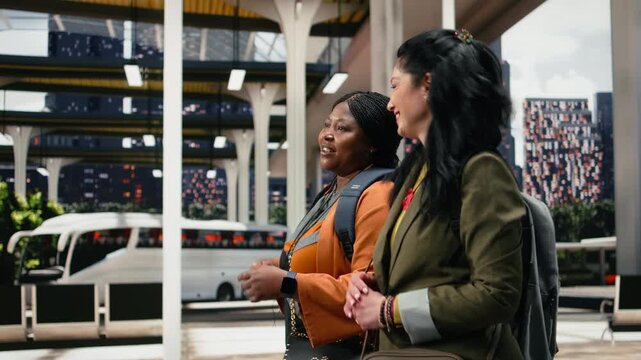 Smiling women chat while walking through a coach station with backpacks on their shoulders; the cheerful travel companions continue their conversation across the bus terminal before departure.