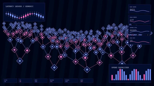 Serverless computing interface displays intricate glowing network diagrams with moving digital data points and analytical bar charts presented against a dark neon striped virtual computer screen