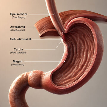 AI generated detailed medical anatomy diagram of the human stomach labeled esophagus cardia diaphragm sphincter gastric folds for healthcare education biology clinical reference