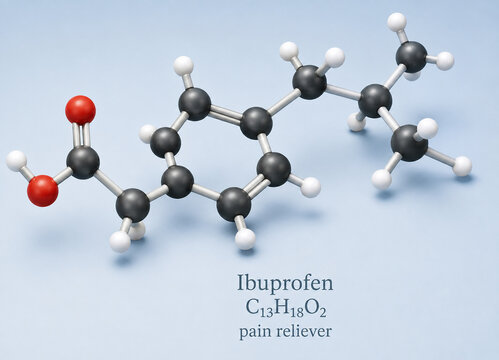 AI generated detailed ibuprofen molecular structure showing carbon hydrogen oxygen atoms for pharmaceutical chemistry education drug research molecular science